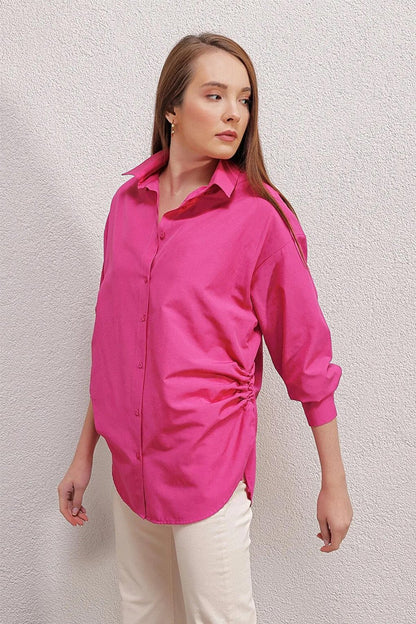 Women's Fuchsia Side Slit String Drawstring Shirt HZL23W-BD1201321