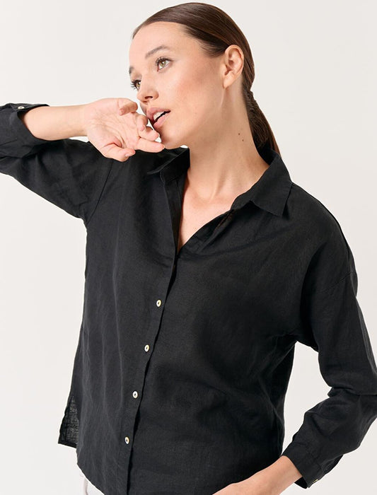 Black Long Sleeve Woven Linen Shirt