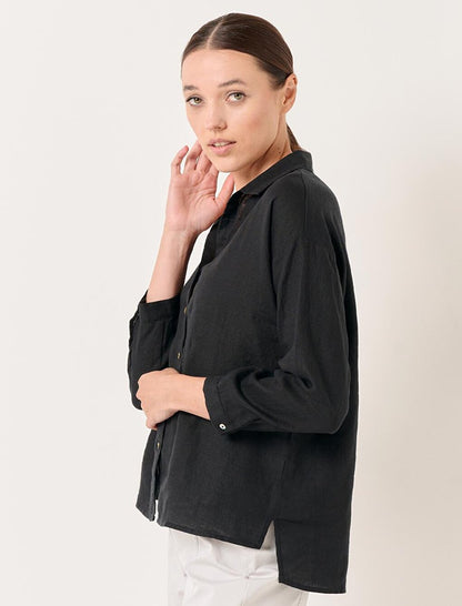 Black Long Sleeve Woven Linen Shirt