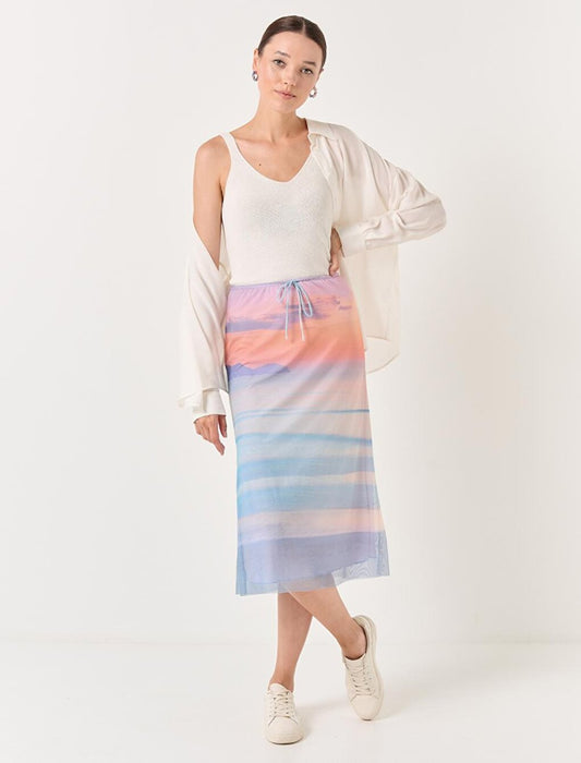 Blue Sunset Patterned Mesh Midi Skirt