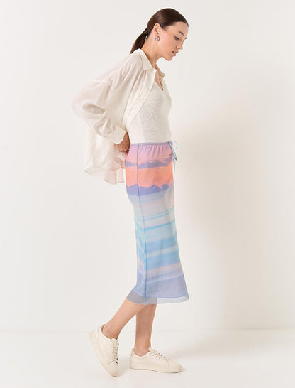 Blue Sunset Patterned Mesh Midi Skirt