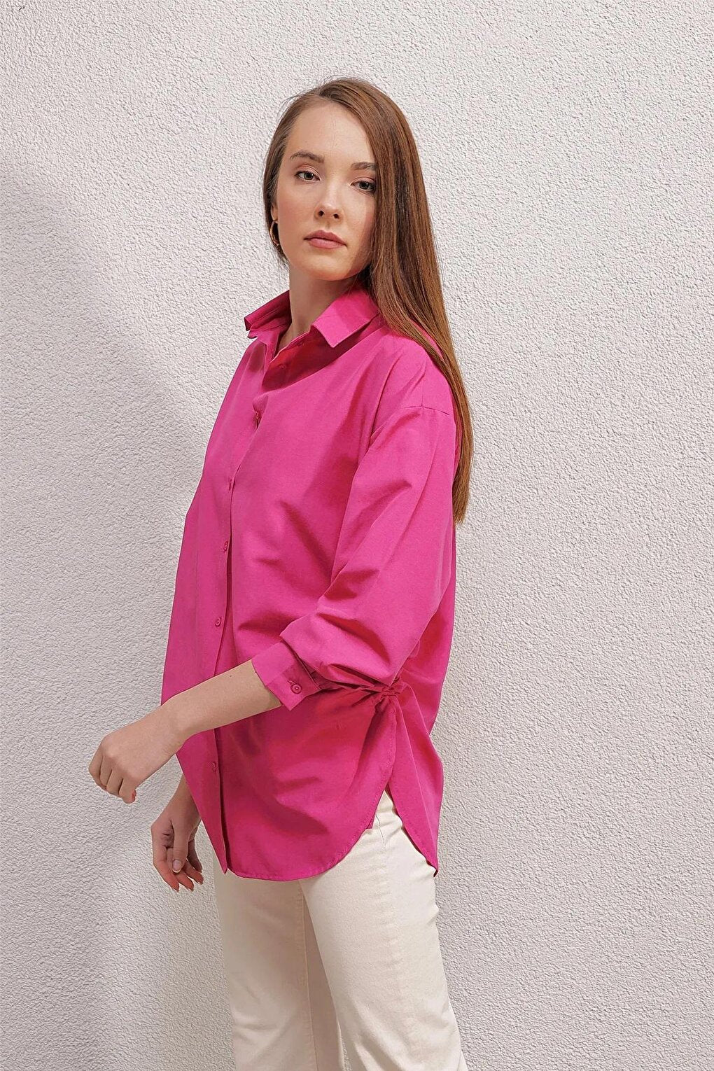 Women's Fuchsia Side Slit String Drawstring Shirt HZL23W-BD1201321