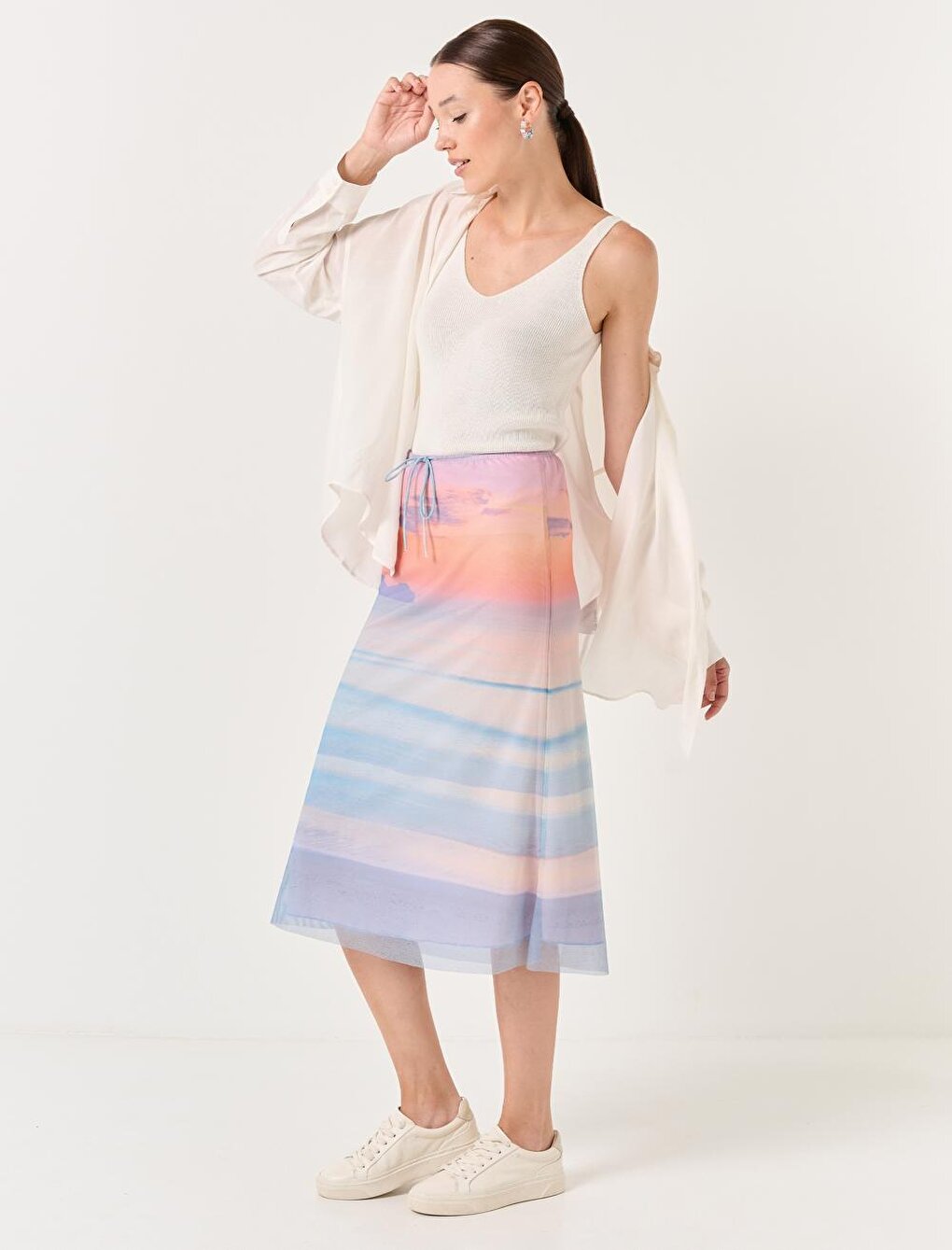 Blue Sunset Patterned Mesh Midi Skirt