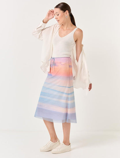 Blue Sunset Patterned Mesh Midi Skirt