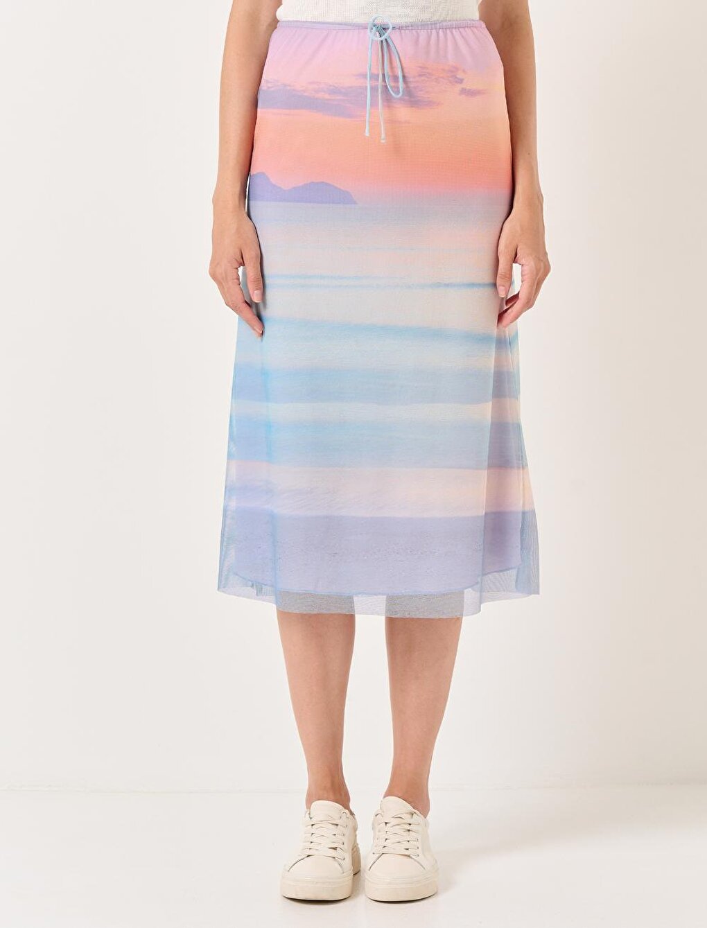 Blue Sunset Patterned Mesh Midi Skirt