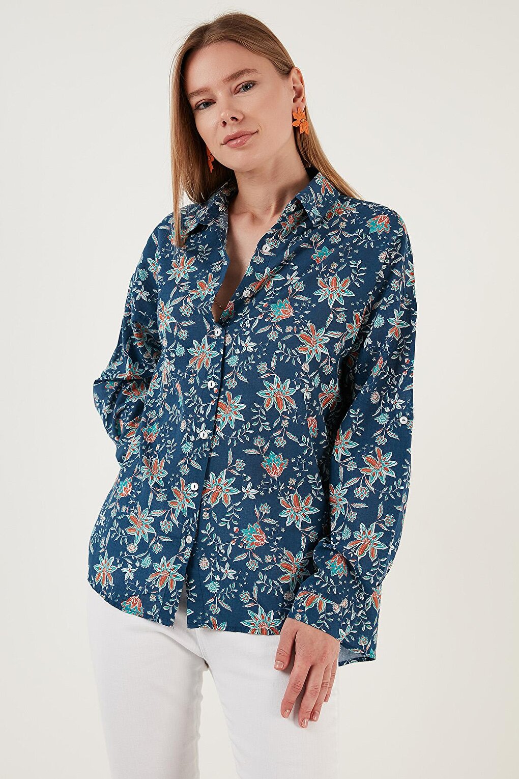 Floral Patterned 100% Cotton Oversize Shirt 51441191