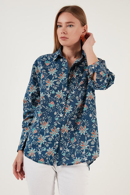 Floral Patterned 100% Cotton Oversize Shirt 51441191