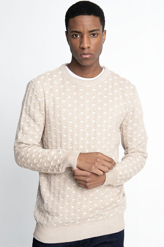 Slim Fit Crew Neck Dobby Cotton Cream Men's Sweater