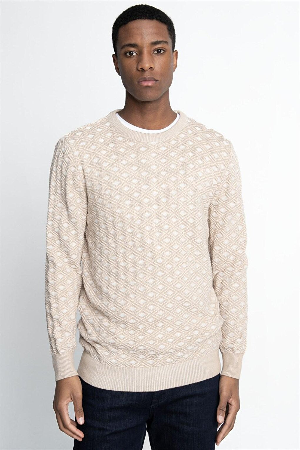 Slim Fit Crew Neck Dobby Cotton Cream Men's Sweater