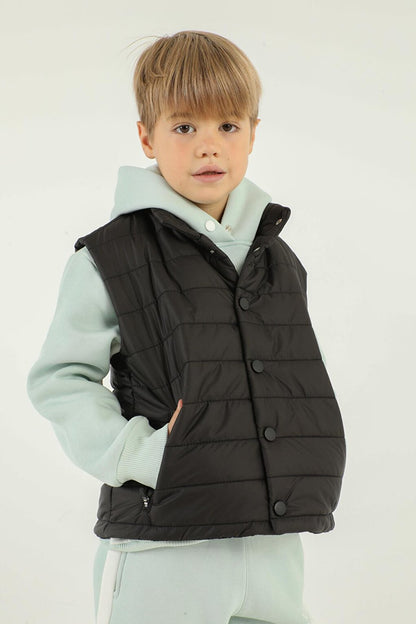 High Collar Button Detailed Double Pocket Boy Puffer Vest