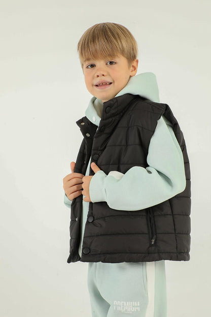 High Collar Button Detailed Double Pocket Boy Puffer Vest