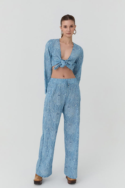 Colorful Patterned Elastic Waist Trousers Blue