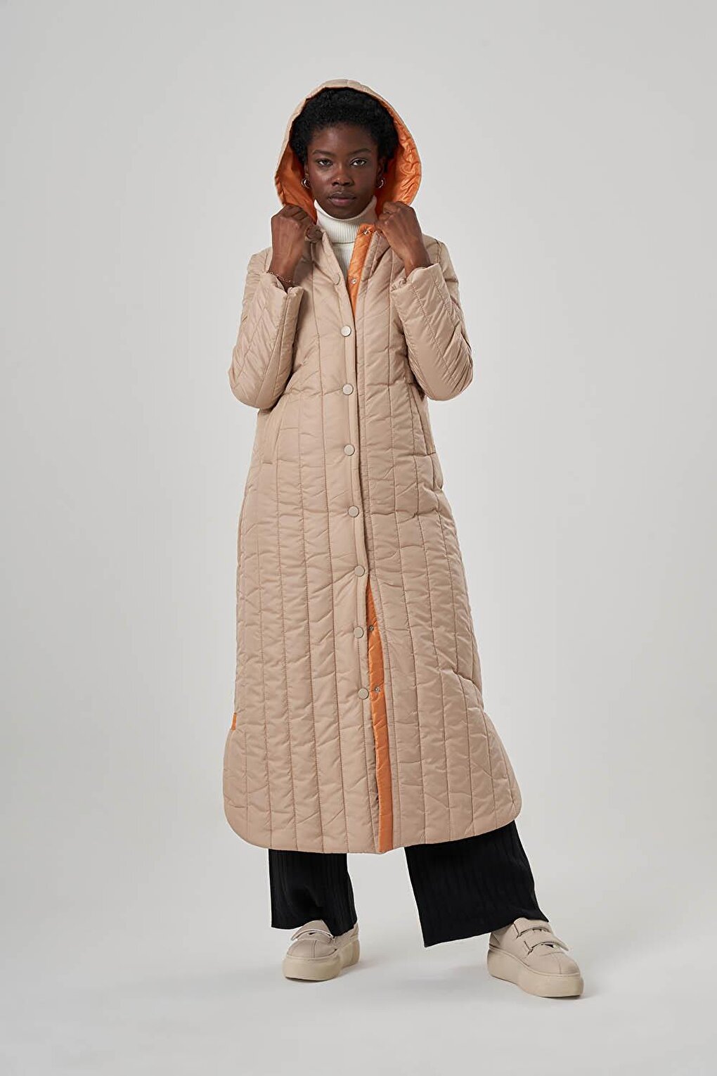 Garnished Hooded Long Stone Puffer Coat