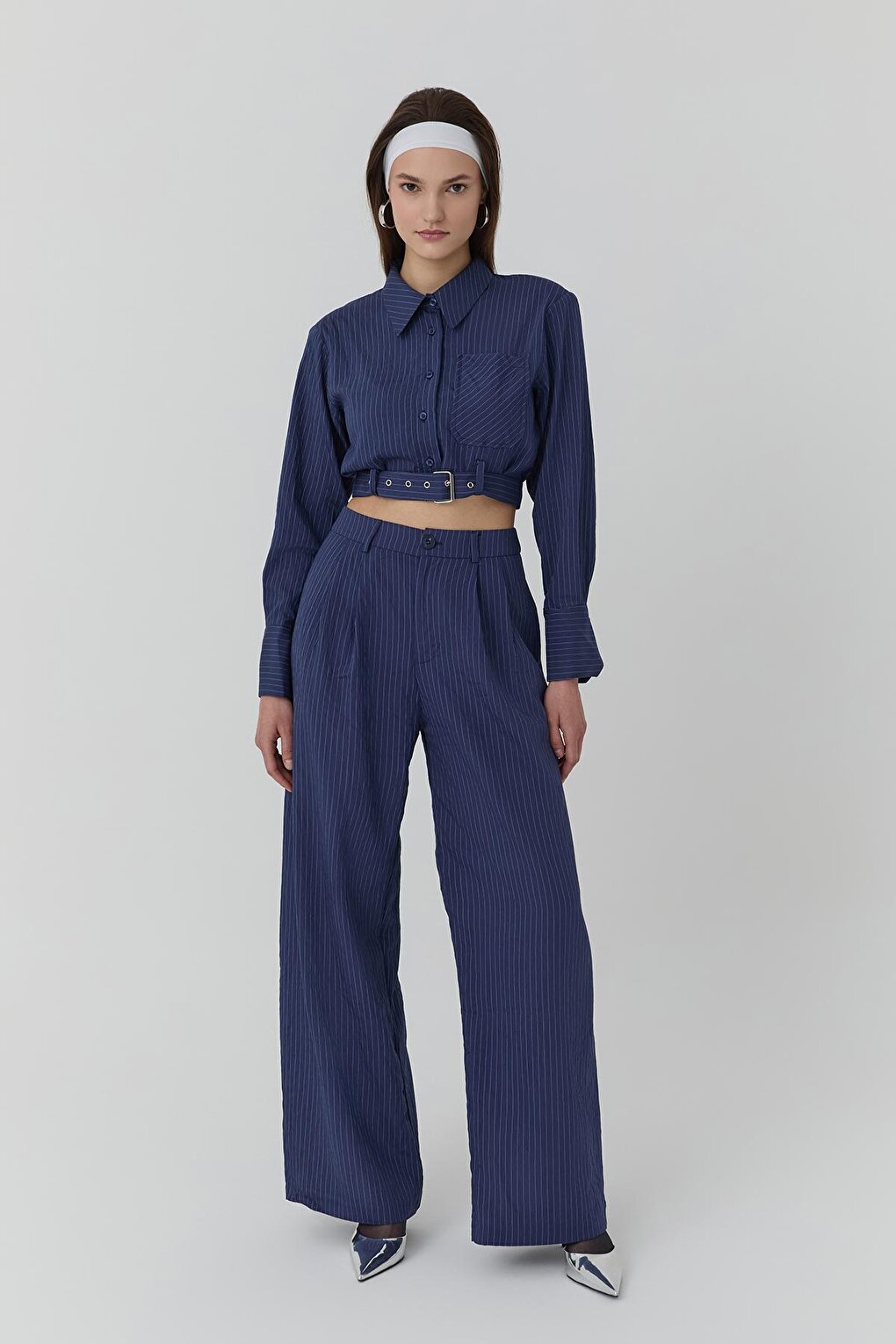 Fine Line Detailed High Waist Trousers Navy Blue