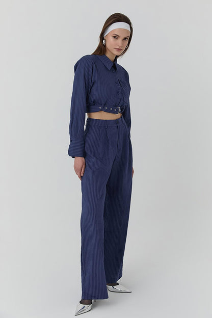 Fine Line Detailed High Waist Trousers Navy Blue