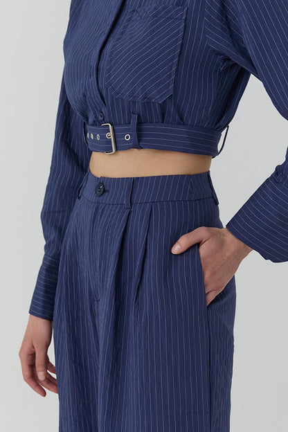 Fine Line Detailed High Waist Trousers Navy Blue