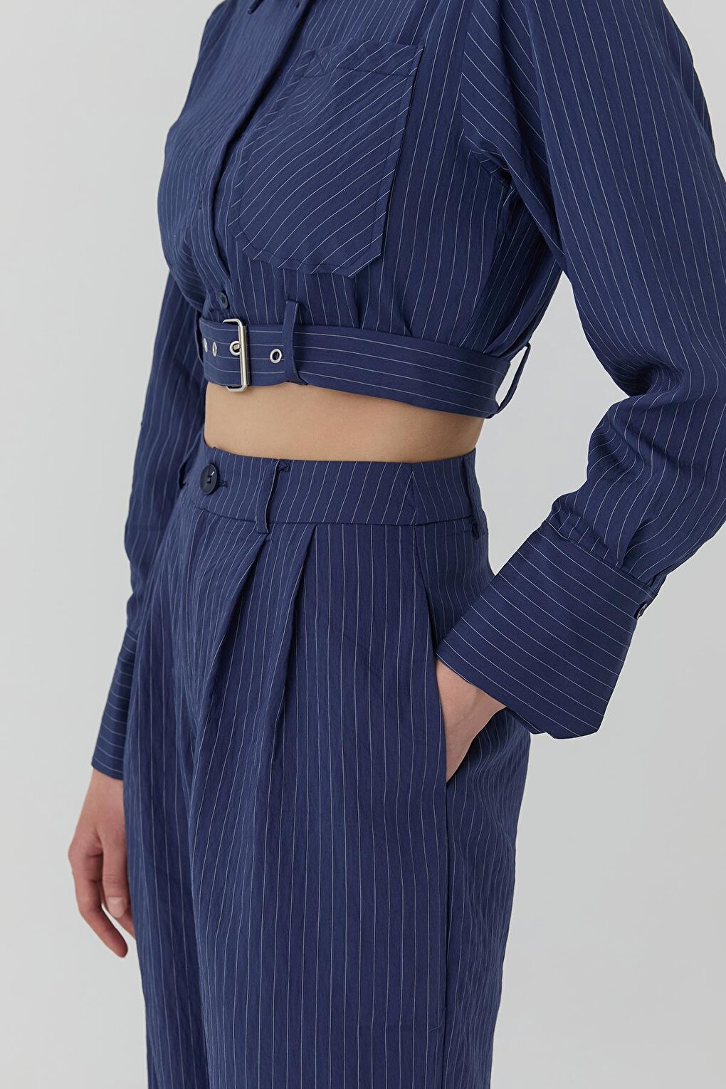 Fine Line Detailed High Waist Trousers Navy Blue