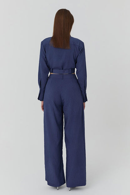 Fine Line Detailed High Waist Trousers Navy Blue