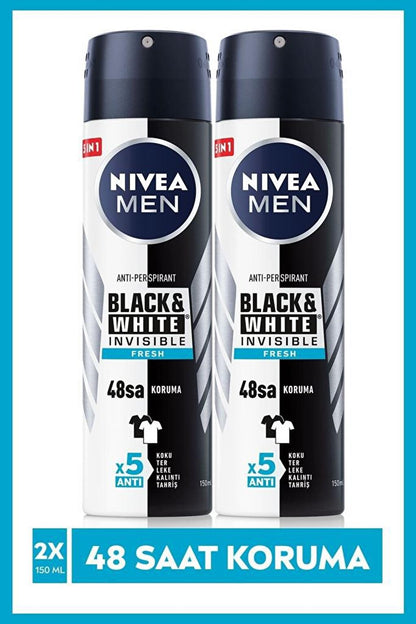 Black &amp; White Invisible Fresh Men's Spray Deodorant 150 ml x2Pcs, 48 Hours Protection