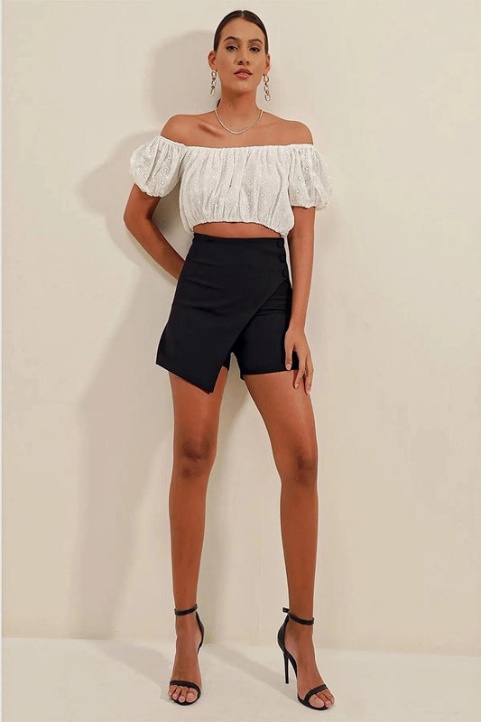 Women's Black Button Detailed Mini Shorts Skirt