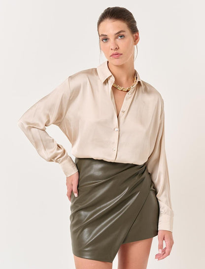 Khaki Slim Cut Asymmetrical Mini Leather Skirt