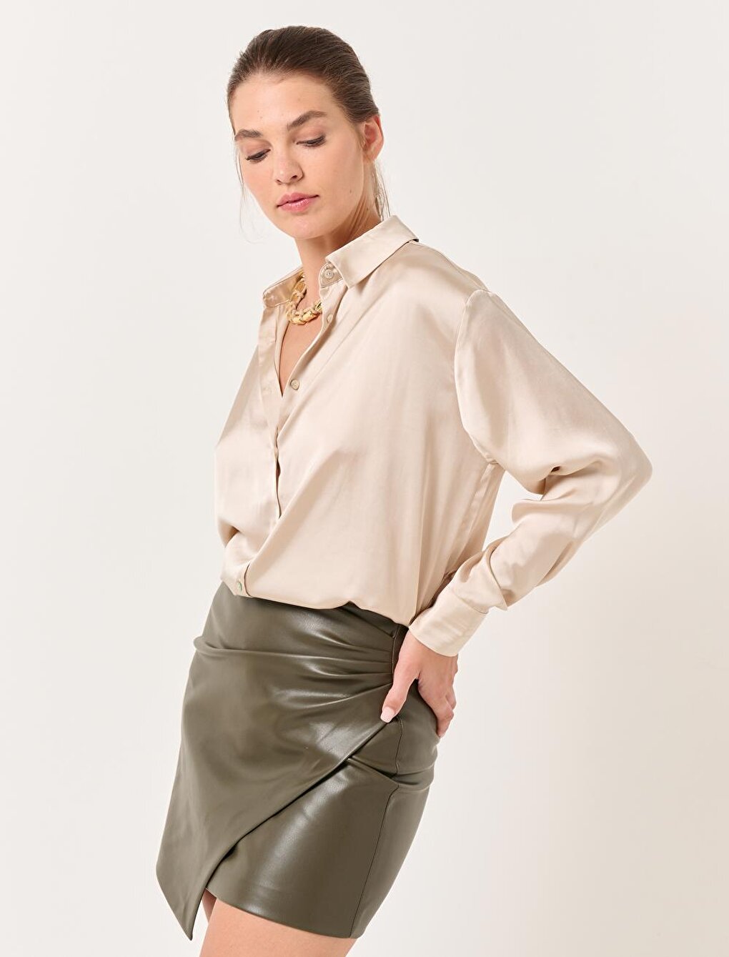 Khaki Slim Cut Asymmetrical Mini Leather Skirt