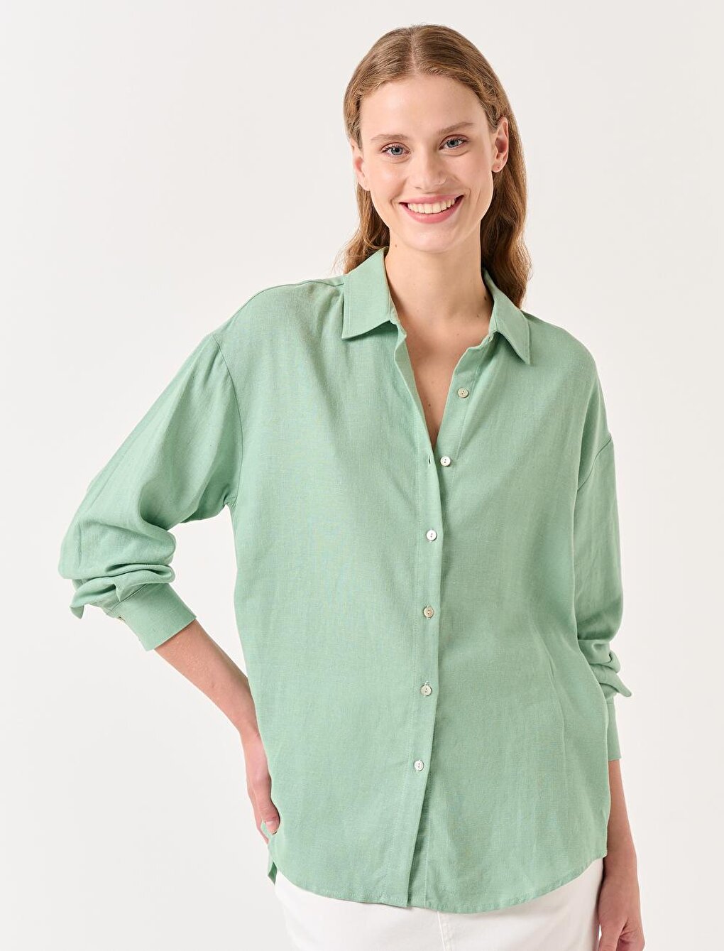 Light Green Long Sleeve Shirt Collar Casual Shirt