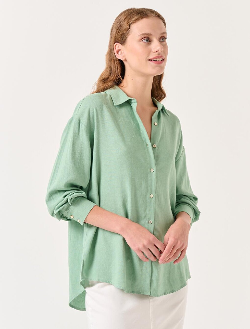 Light Green Long Sleeve Shirt Collar Casual Shirt