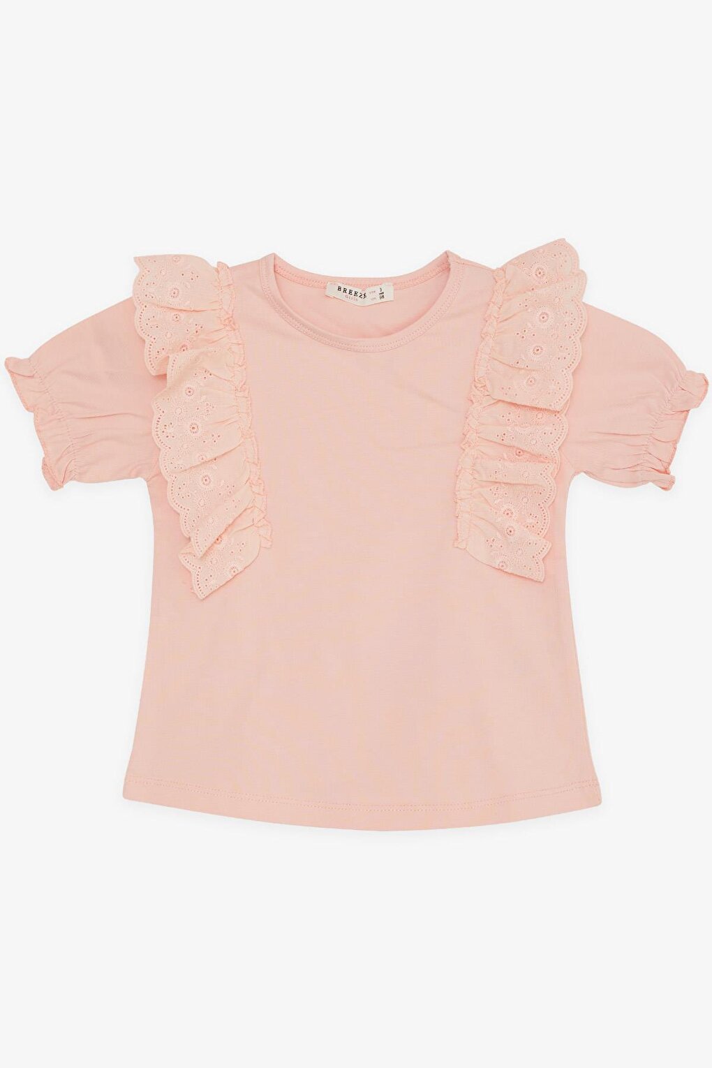 Girl's T-Shirt Laced Embroidered Salmon with Elastic Sleeves (3-8 Years)