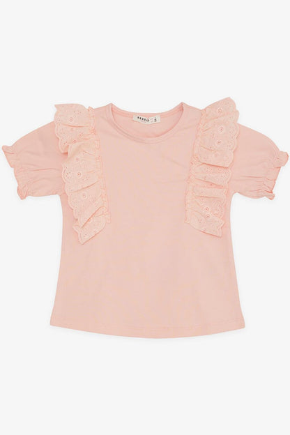 Girl's T-Shirt Laced Embroidered Salmon with Elastic Sleeves (3-8 Years)