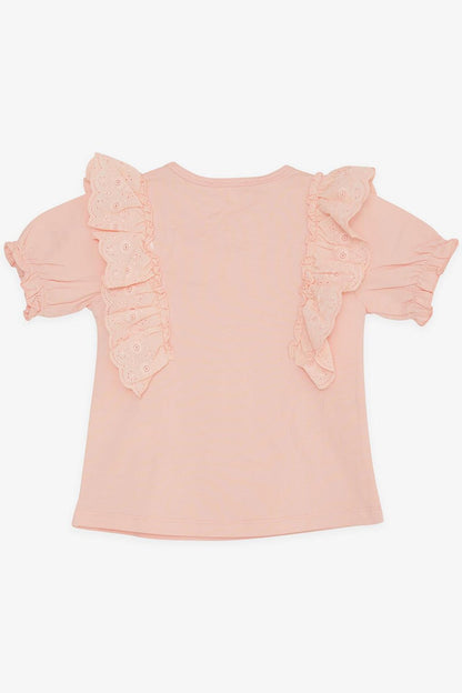 Girl's T-Shirt Laced Embroidered Salmon with Elastic Sleeves (3-8 Years)