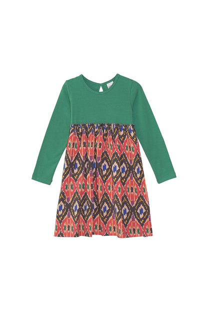 Sea Green Girl's Kilim Pattern Long Sleeve Dress