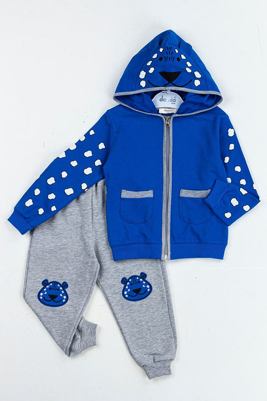 Navy Blue Teddy Bear Embroidered Hooded Cardigan Baby Boy Set 16628