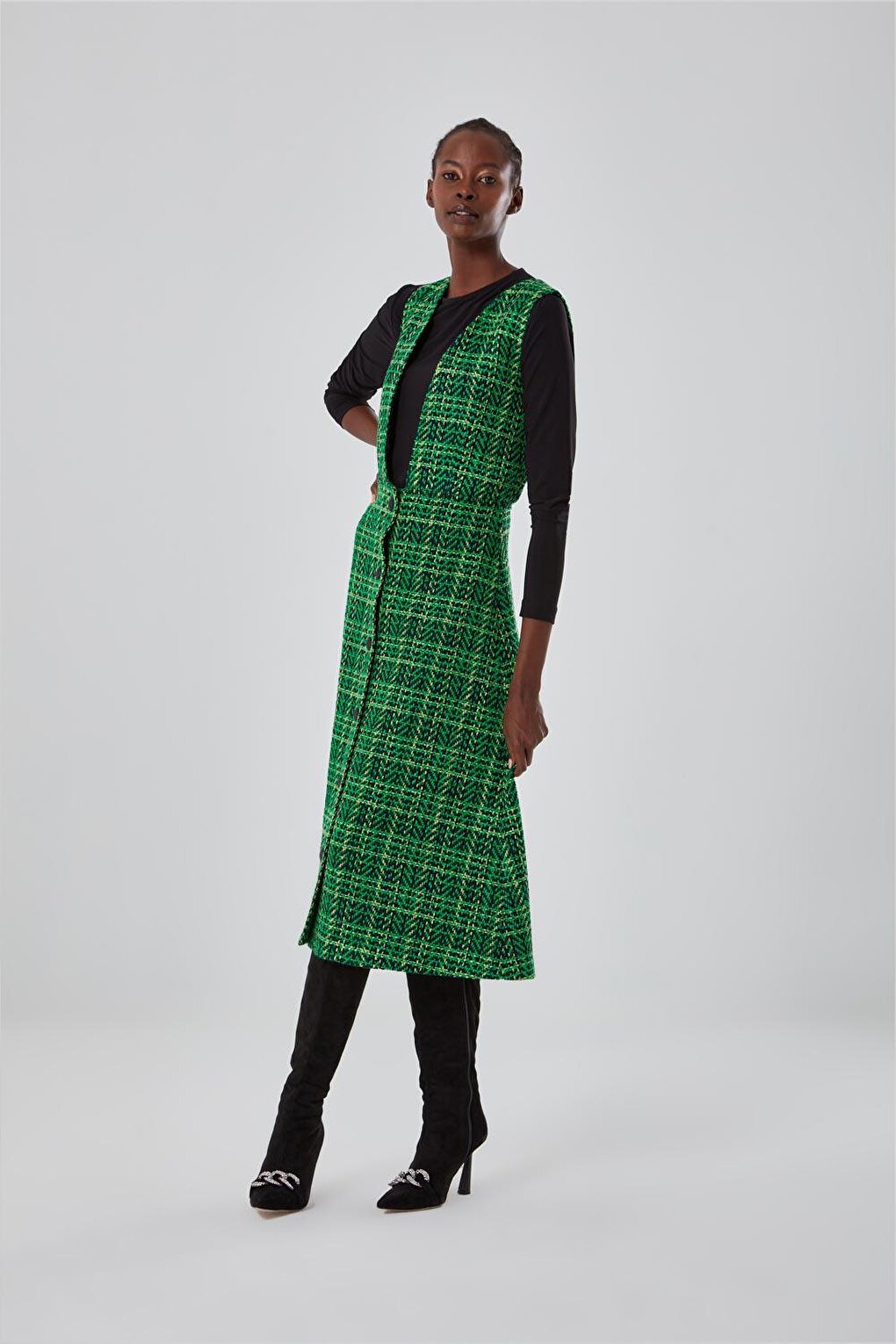 Tweed Patterned Green Gilet Dress