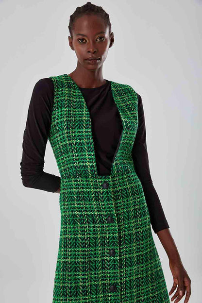 Tweed Patterned Green Gilet Dress