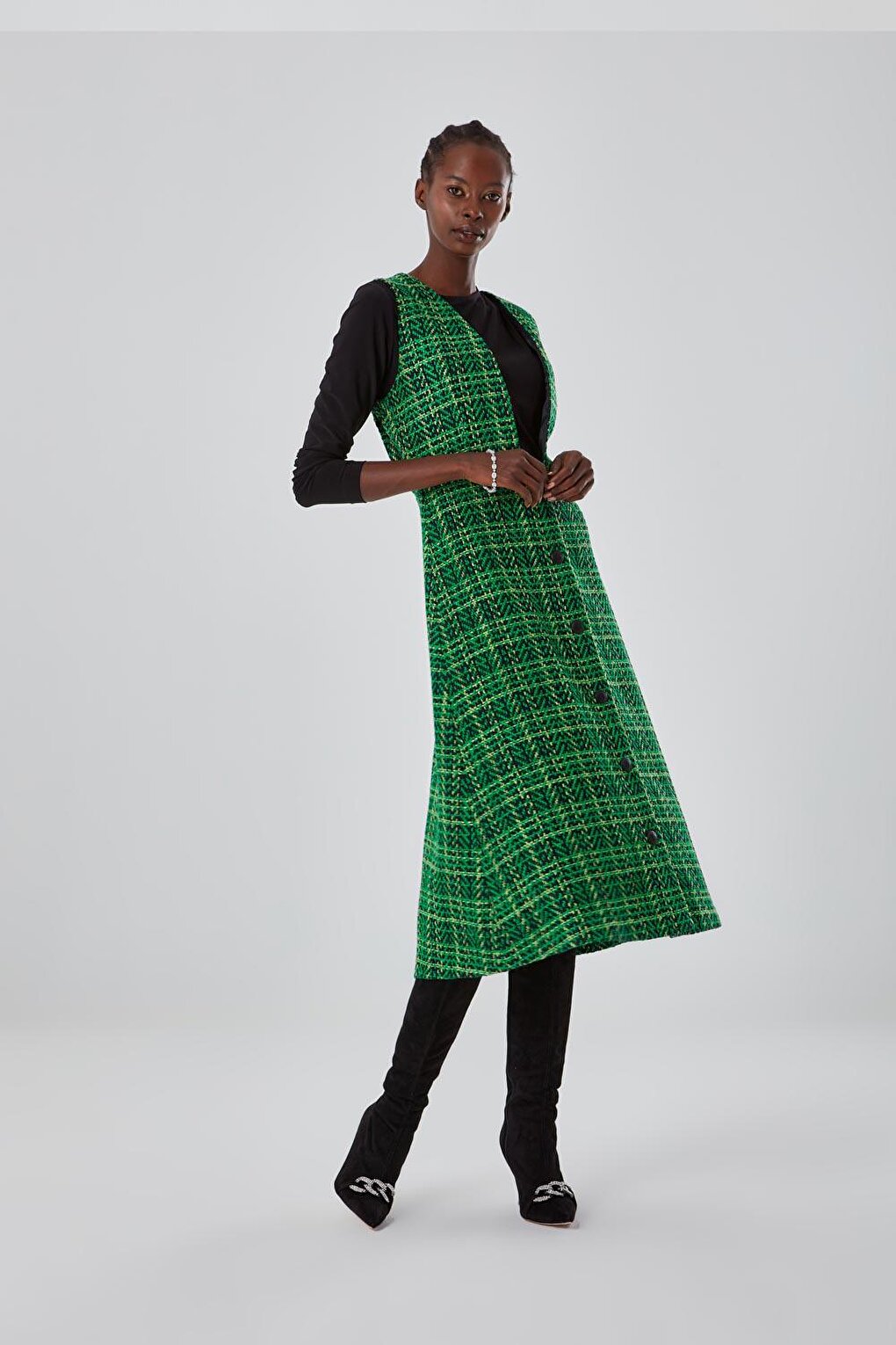 Tweed Patterned Green Gilet Dress