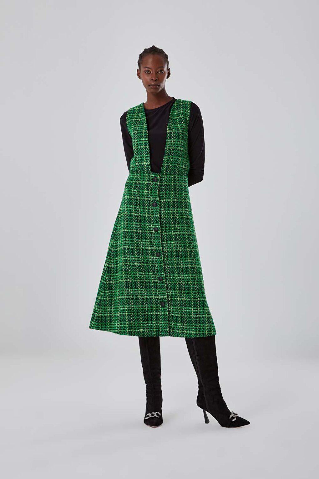 Tweed Patterned Green Gilet Dress