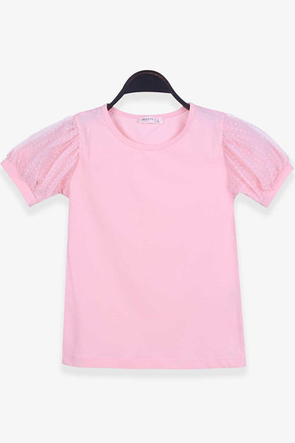 Girl's T-Shirt Salmon with Tulle Sleeves (8-12 Years)