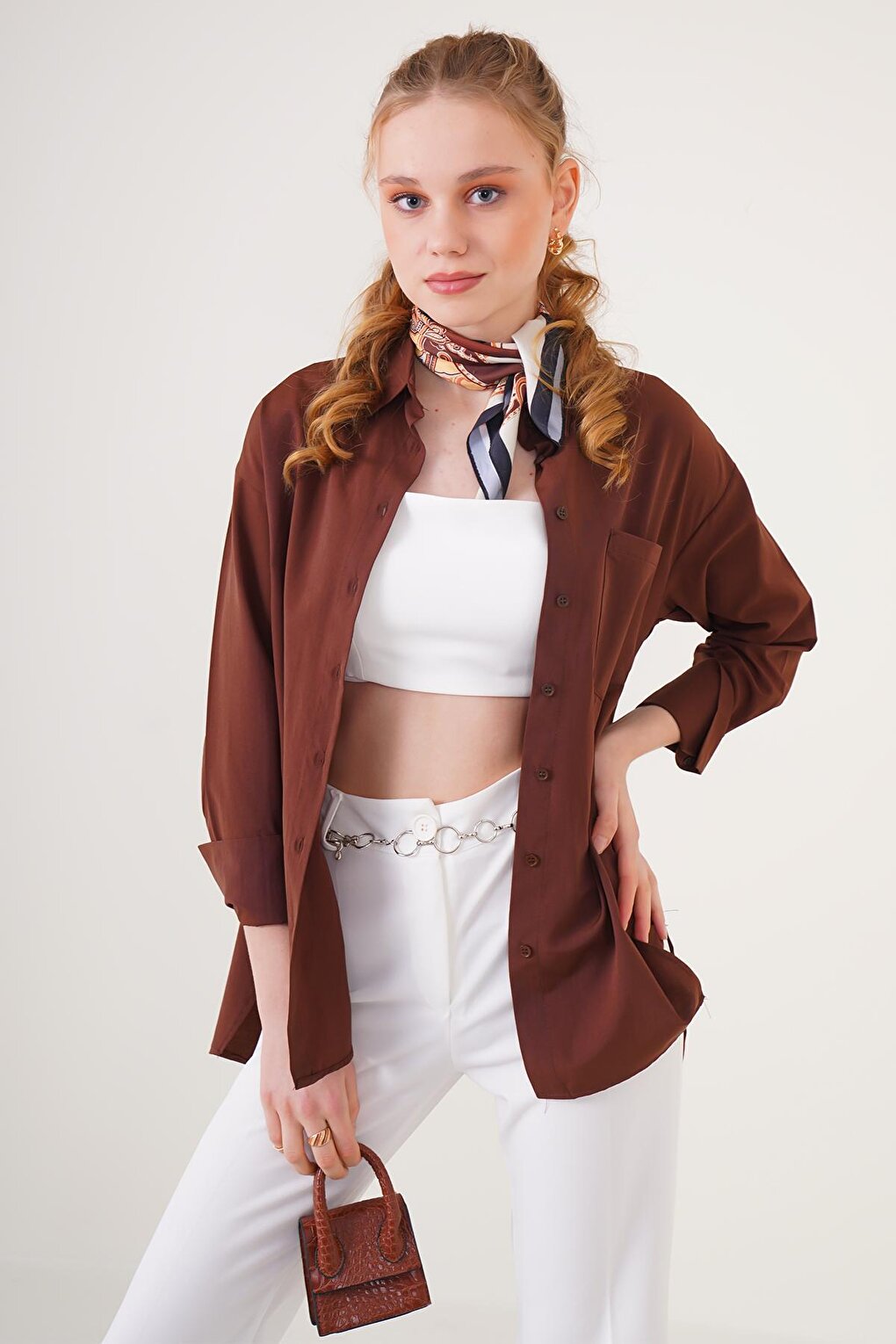 3952 Buttoned Back Boyfriend Shirt - Brown