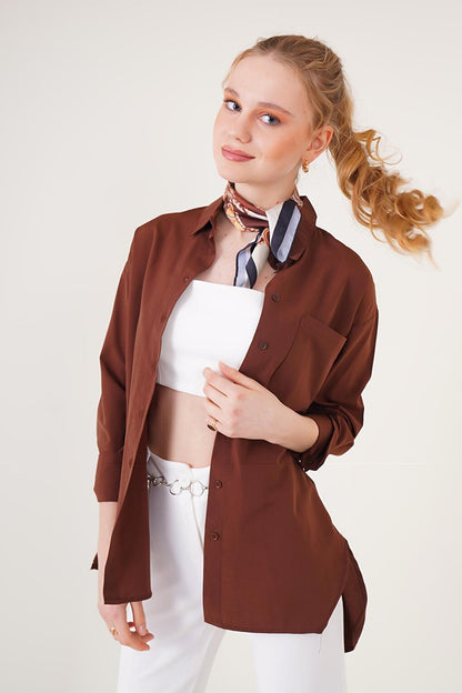 3952 Buttoned Back Boyfriend Shirt - Brown