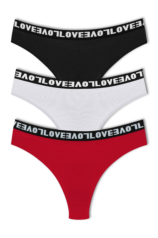 Cotton Lace Back LOVE Rubber Thong Women's Panties 3-Piece