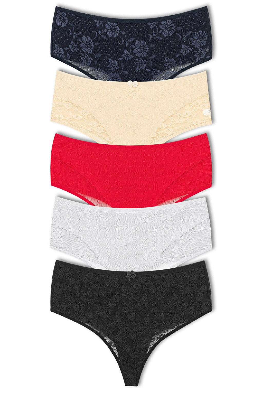 Cotton Front Double Layer Lez Lace High Waist Thong Women's Panties 5 Piece