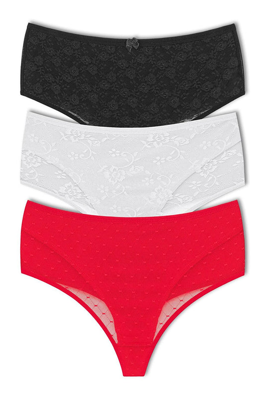 Cotton Front Double Layer Lez Lace High Waist Thong Women's Panties 3-Piece