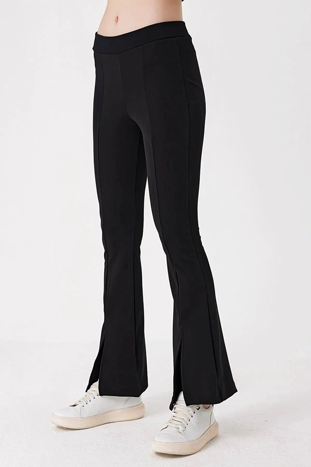 Women's Black Corded Slit Sculpting Flare Leg Lycra Knitted Trousers HZL23S-BD165481