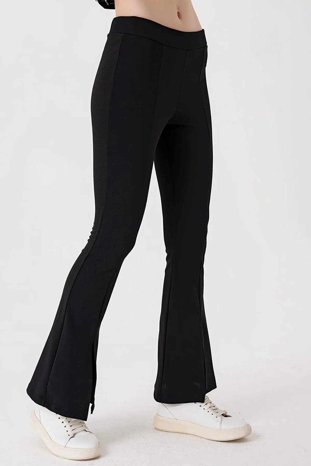 Women's Black Corded Slit Sculpting Flare Leg Lycra Knitted Trousers HZL23S-BD165481