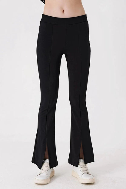 Women's Black Corded Slit Sculpting Flare Leg Lycra Knitted Trousers HZL23S-BD165481