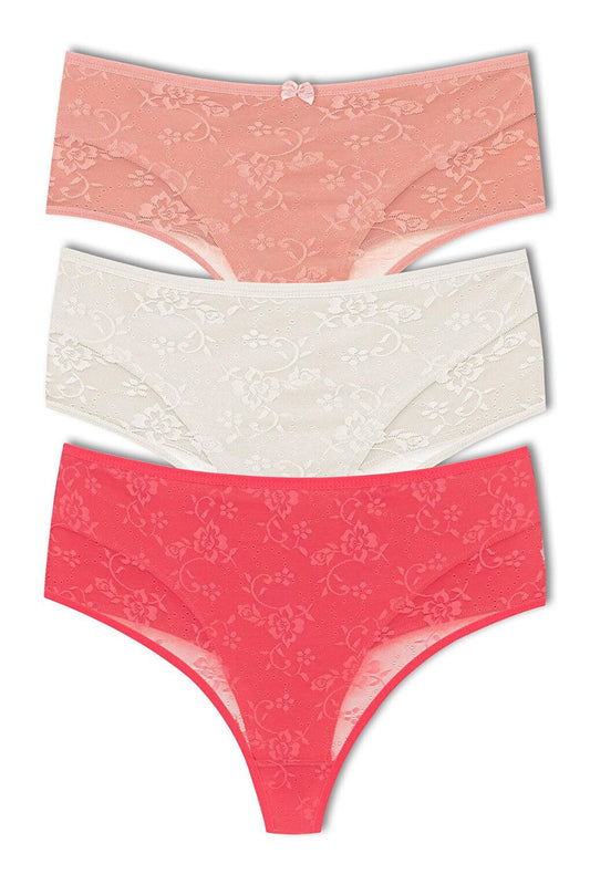 Cotton Front Double Layer Lez Lace High Waist Thong Women's Panties 3-Piece