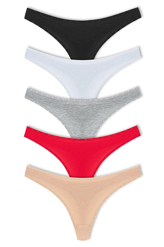 Cotton Heart Elastic Basic Thong Women's Panties 5-pack