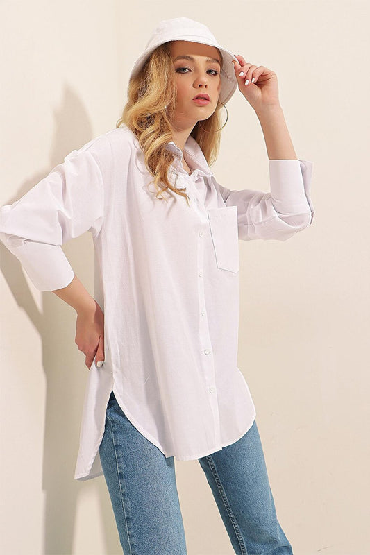 3952 Buttoned Back Boyfriend Shirt - White