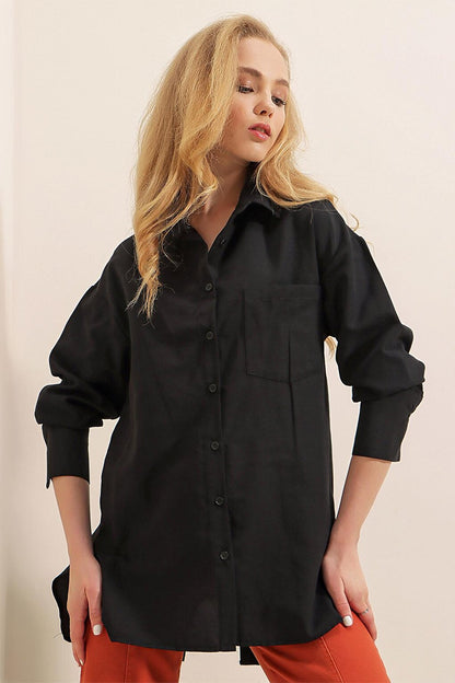 3952 Buttoned Back Boyfriend Shirt - Black